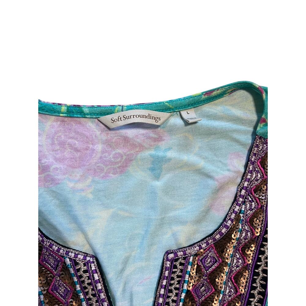 Soft Surroundings Maddalena Tunic Teal Floral Sequin Embroidered Top | Size L - Picture 5 of 8